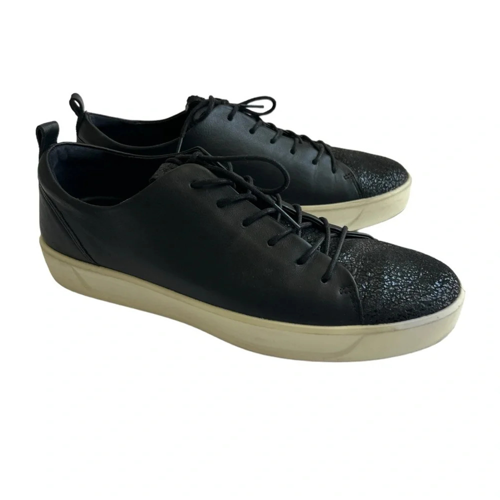 Ecco Soft Black Leather Lace Up Sneakers Casual Shoes Sz 10 Textured Women’s